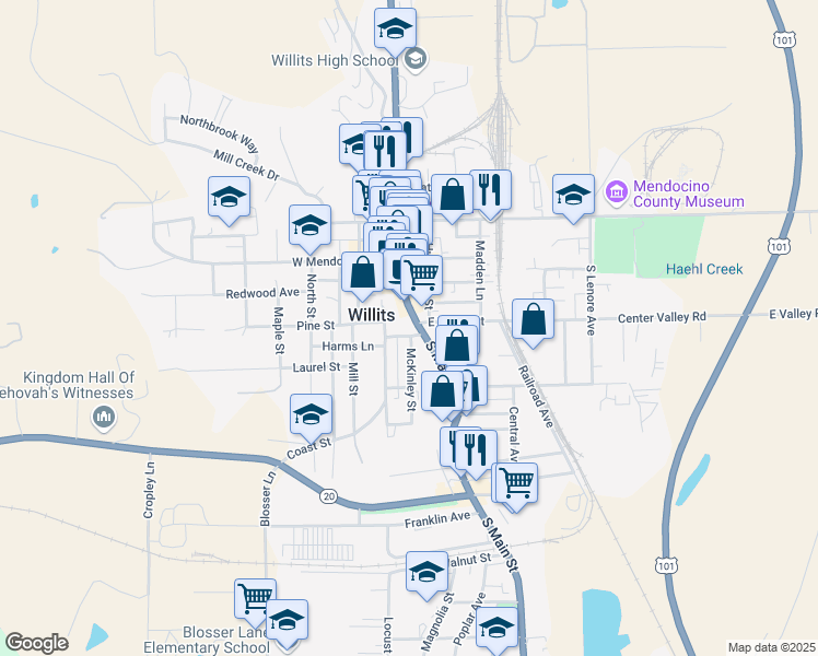 map of restaurants, bars, coffee shops, grocery stores, and more near 258 South Main Street in Willits