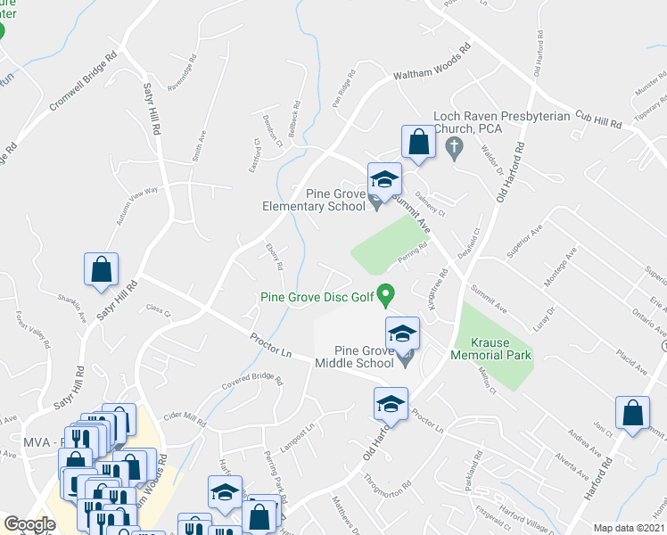map of restaurants, bars, coffee shops, grocery stores, and more near 2618 Pearwood Road in Parkville