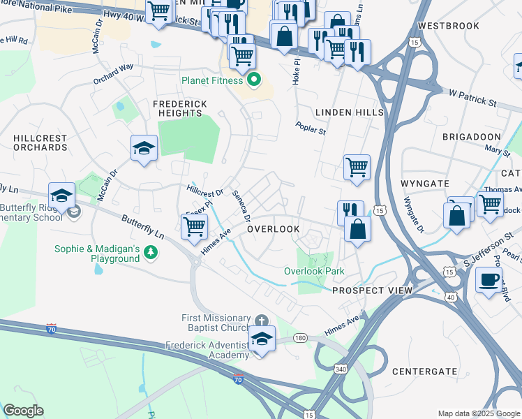 map of restaurants, bars, coffee shops, grocery stores, and more near 1032 Staghorn Avenue in Frederick
