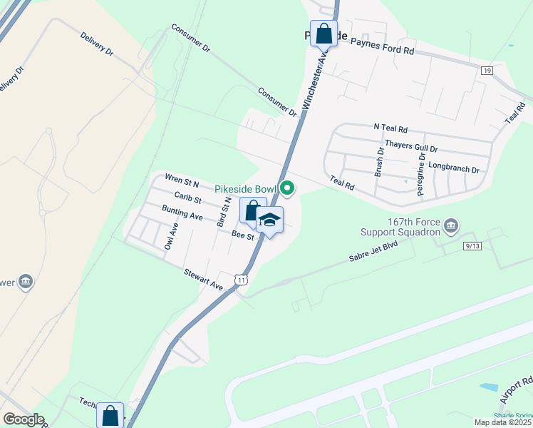 map of restaurants, bars, coffee shops, grocery stores, and more near 3552 Winchester Avenue in Martinsburg