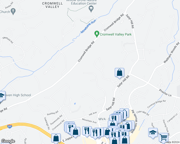 map of restaurants, bars, coffee shops, grocery stores, and more near 4009 Forest Valley Road in Parkville