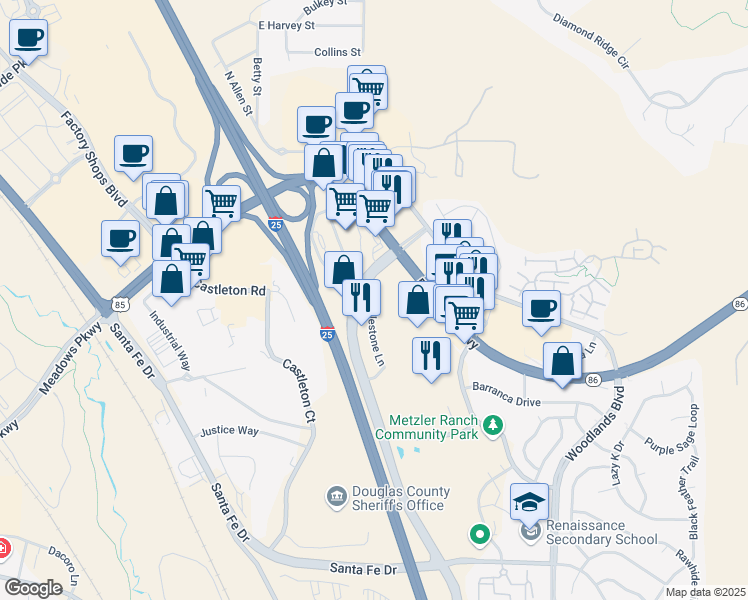 map of restaurants, bars, coffee shops, grocery stores, and more near 4800 Milestone Lane in Castle Rock