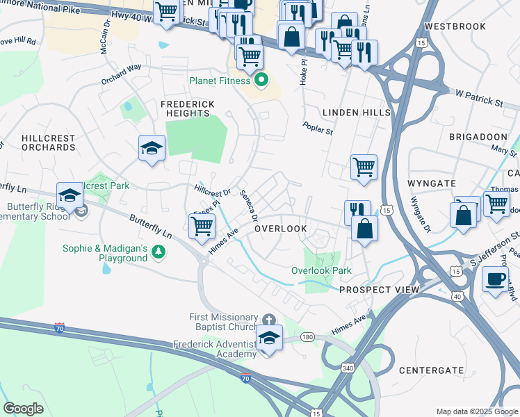 map of restaurants, bars, coffee shops, grocery stores, and more near 593 Boysenberry Lane in Frederick