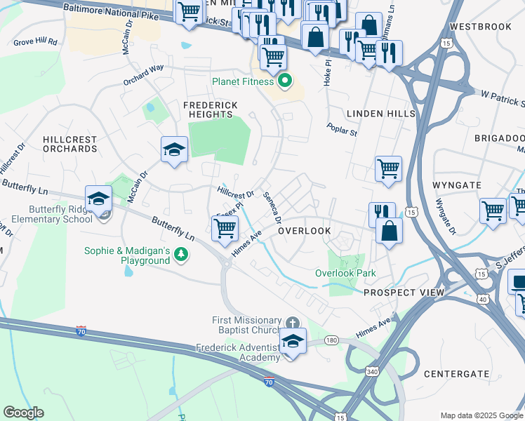 map of restaurants, bars, coffee shops, grocery stores, and more near 605 Himes Avenue in Frederick