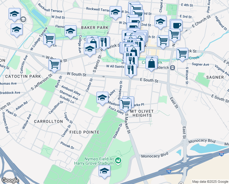 map of restaurants, bars, coffee shops, grocery stores, and more near 90 Lee Alley in Frederick