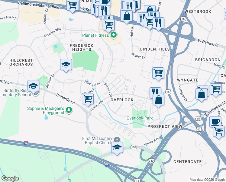 map of restaurants, bars, coffee shops, grocery stores, and more near 593 Boysenberry Lane in Frederick