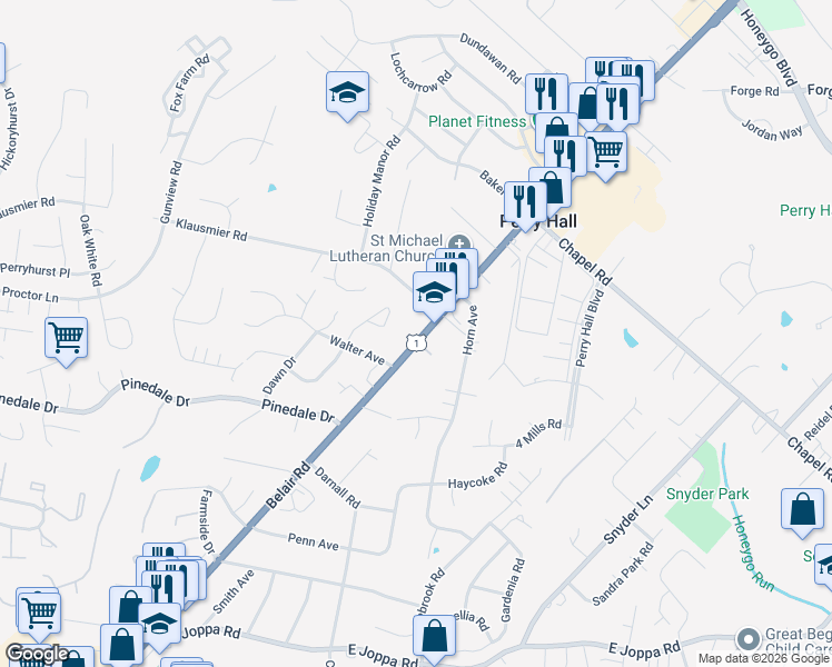 map of restaurants, bars, coffee shops, grocery stores, and more near 9510 U.S. 1 in Nottingham