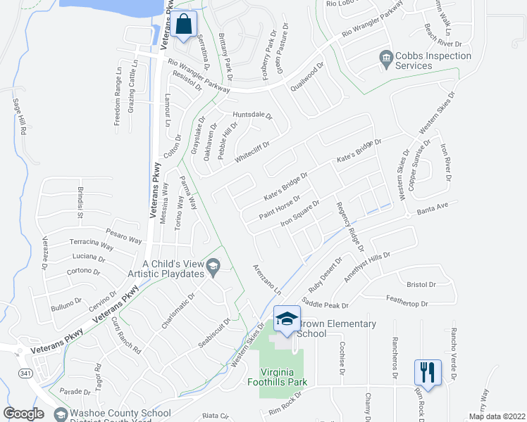 map of restaurants, bars, coffee shops, grocery stores, and more near 2221 Paint Horse Drive in Reno