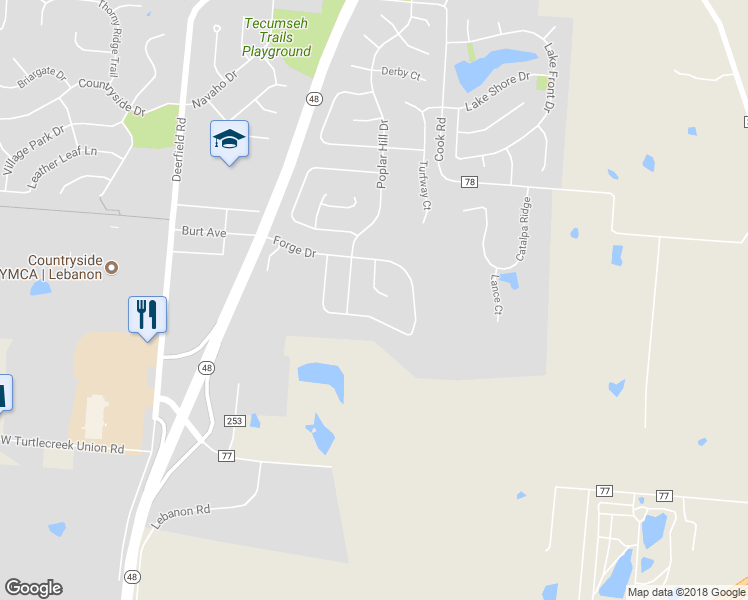map of restaurants, bars, coffee shops, grocery stores, and more near 1299 Willow Forge Court in Lebanon