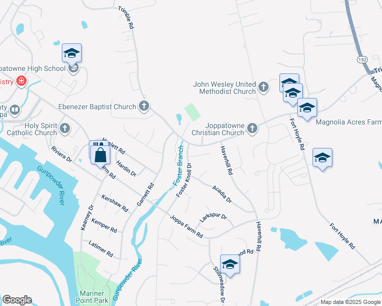 map of restaurants, bars, coffee shops, grocery stores, and more near 509 Foster Knoll Drive in Joppatowne