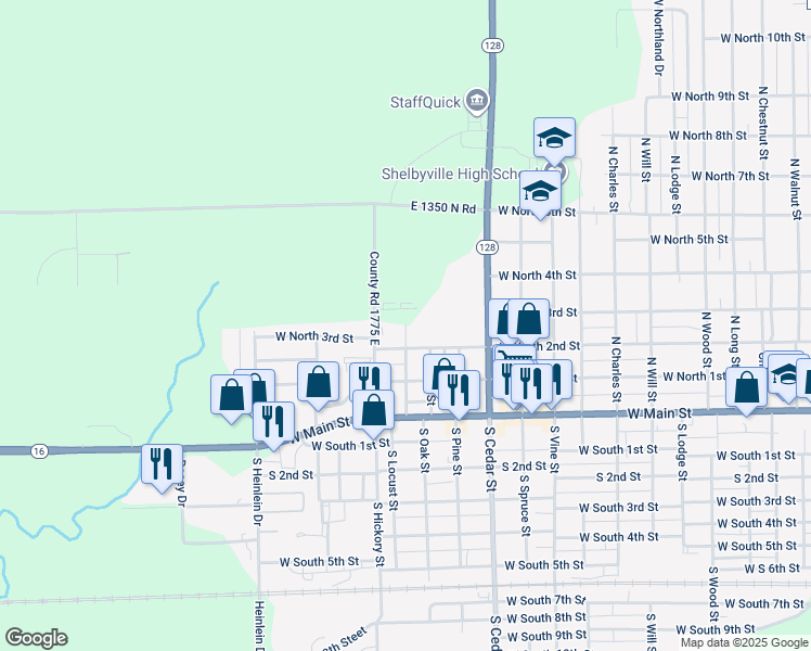 map of restaurants, bars, coffee shops, grocery stores, and more near 310 North Locust Street in Shelbyville