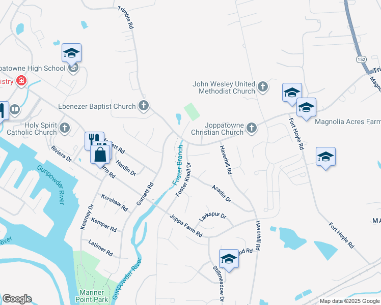 map of restaurants, bars, coffee shops, grocery stores, and more near 509 Foster Knoll Drive in Joppatowne
