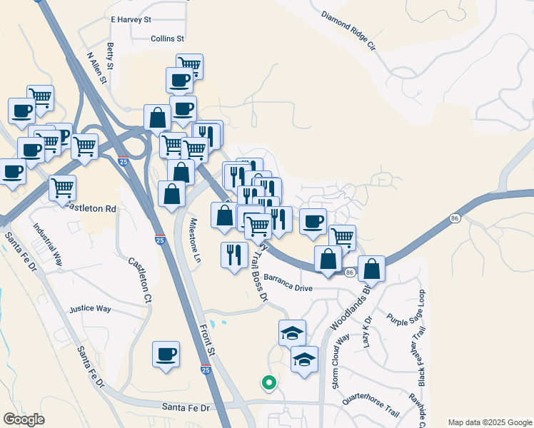 map of restaurants, bars, coffee shops, grocery stores, and more near 323 Metzler Drive in Castle Rock