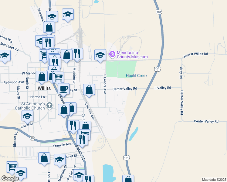 map of restaurants, bars, coffee shops, grocery stores, and more near 400 East Valley Street in Willits