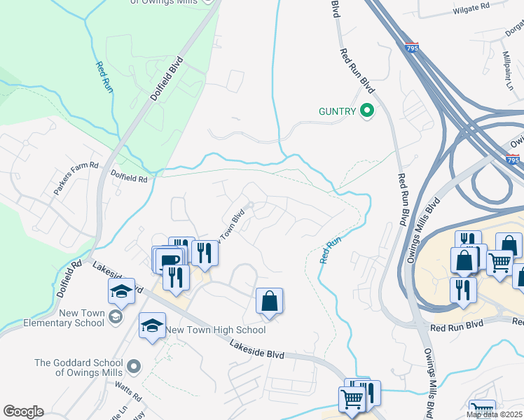 map of restaurants, bars, coffee shops, grocery stores, and more near 105 Achsah Way in Owings Mills