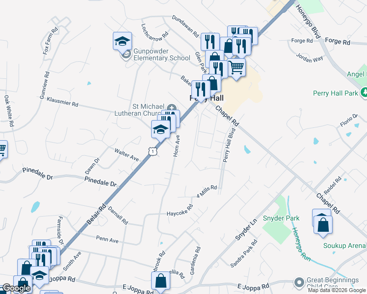 map of restaurants, bars, coffee shops, grocery stores, and more near 9525 Horn Avenue in Perry Hall