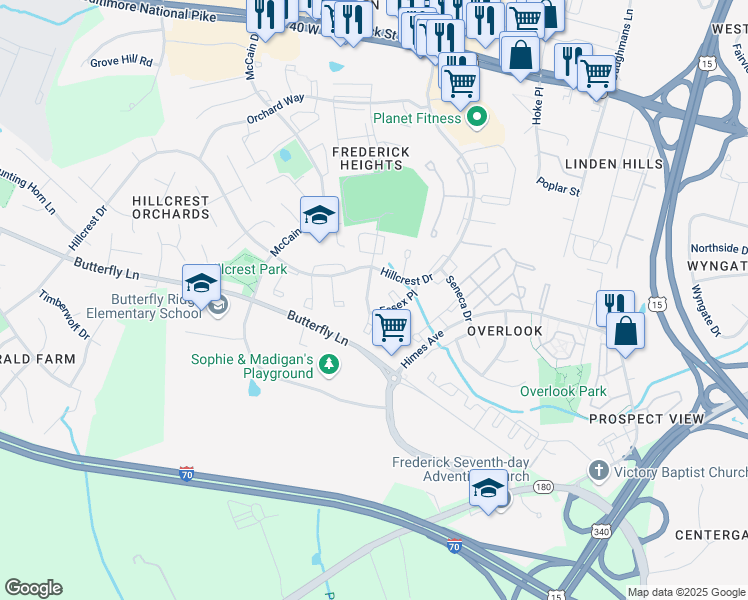 map of restaurants, bars, coffee shops, grocery stores, and more near 524 Lancaster Place in Frederick