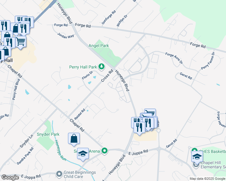 map of restaurants, bars, coffee shops, grocery stores, and more near 9600B Amberleigh Lane in Perry Hall