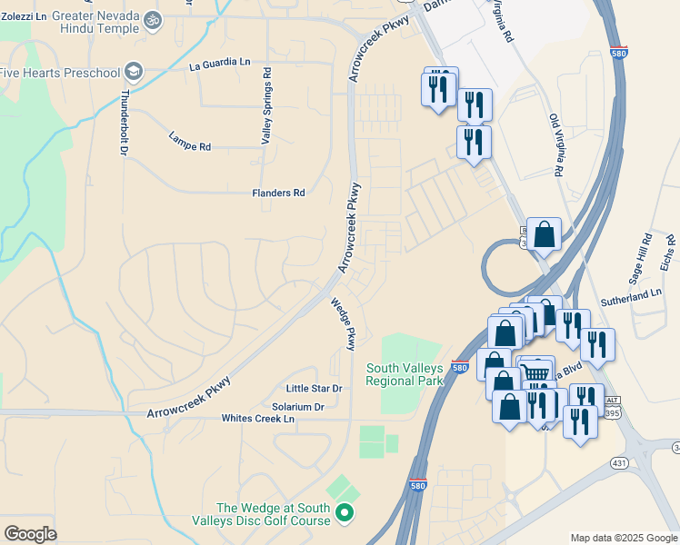 map of restaurants, bars, coffee shops, grocery stores, and more near 601 Village South Streets in Reno