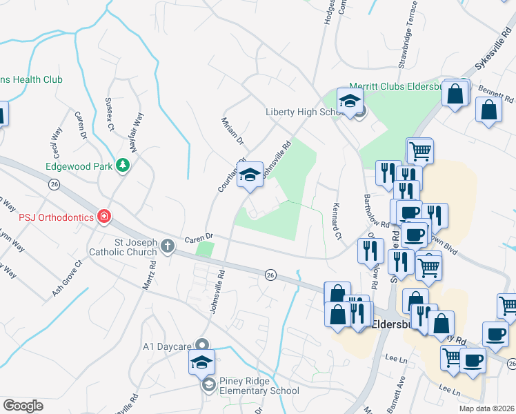map of restaurants, bars, coffee shops, grocery stores, and more near 1021 Johnsville Road in Sykesville