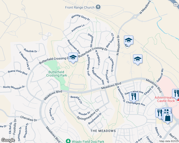 map of restaurants, bars, coffee shops, grocery stores, and more near 4762 North Blazingstar Trail in Castle Rock