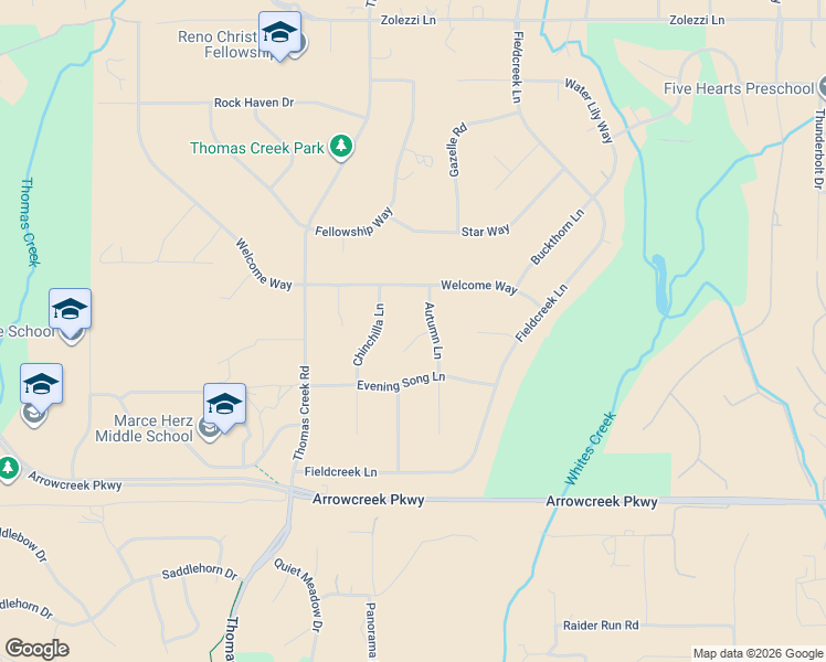 map of restaurants, bars, coffee shops, grocery stores, and more near 3 Autumn Court in Reno