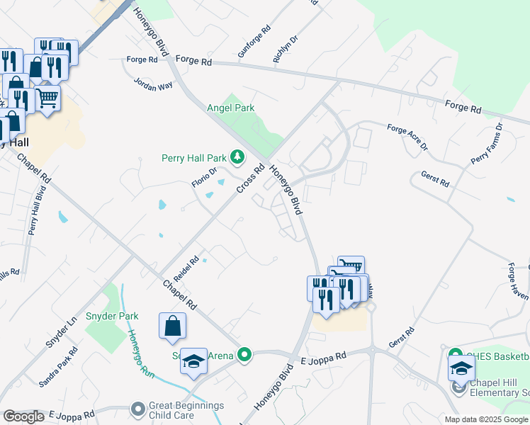 map of restaurants, bars, coffee shops, grocery stores, and more near 9600B Amberleigh Lane in Perry Hall