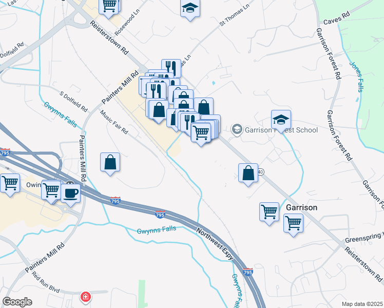 map of restaurants, bars, coffee shops, grocery stores, and more near 9830 Reisterstown Road in Owings Mills