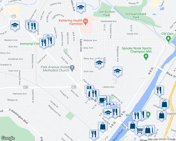 map of restaurants, bars, coffee shops, grocery stores, and more near 560 Elvin Avenue in Hamilton