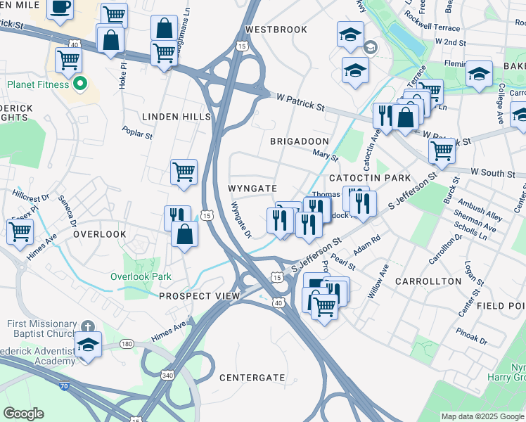 map of restaurants, bars, coffee shops, grocery stores, and more near 13 Wyn Court in Frederick