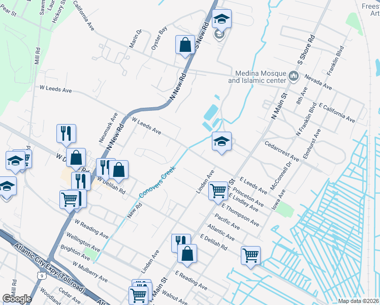 map of restaurants, bars, coffee shops, grocery stores, and more near 141 West Leeds Avenue in Pleasantville