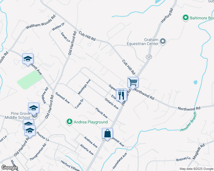 map of restaurants, bars, coffee shops, grocery stores, and more near 2819 Superior Avenue in Parkville