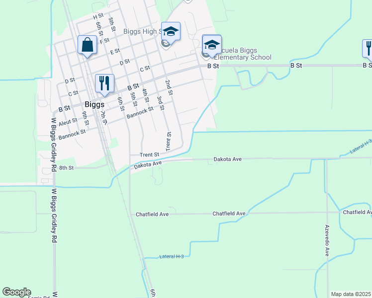 map of restaurants, bars, coffee shops, grocery stores, and more near 2880 2nd Street in Biggs