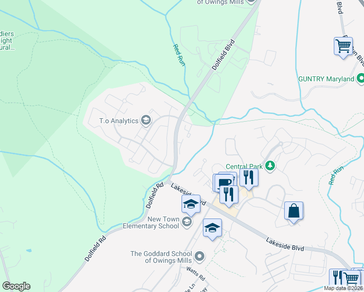 map of restaurants, bars, coffee shops, grocery stores, and more near 4831 Shellbark Road in Owings Mills