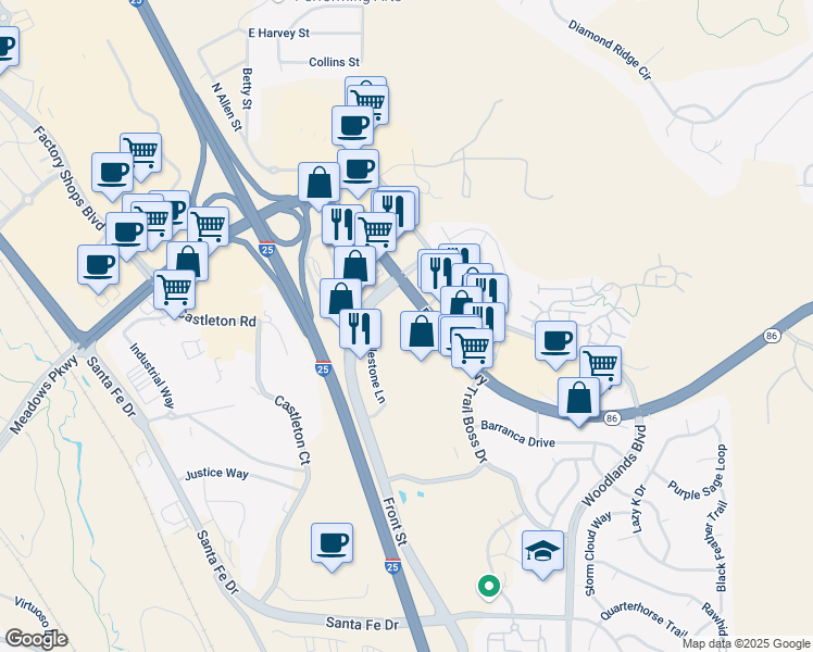 map of restaurants, bars, coffee shops, grocery stores, and more near 4800 Milestone Lane in Castle Rock