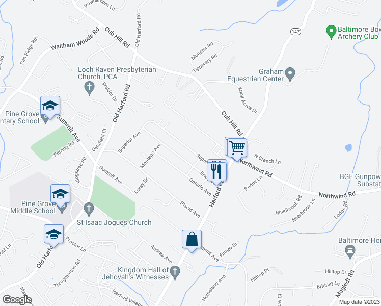 map of restaurants, bars, coffee shops, grocery stores, and more near 2819 Superior Avenue in Parkville