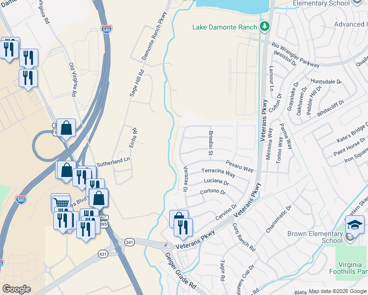 map of restaurants, bars, coffee shops, grocery stores, and more near 11380 Verazae Drive in Reno