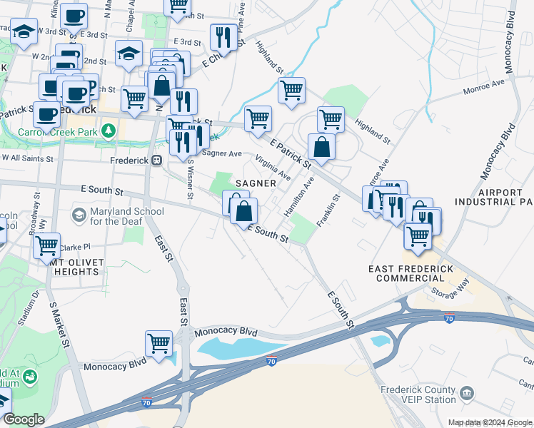 map of restaurants, bars, coffee shops, grocery stores, and more near 207 Hope Circle in Frederick