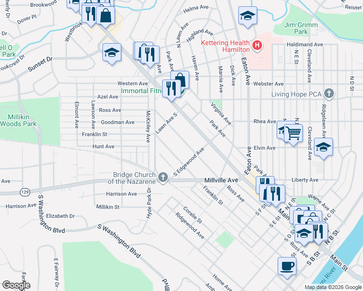 map of restaurants, bars, coffee shops, grocery stores, and more near 831 Ross Avenue in Hamilton