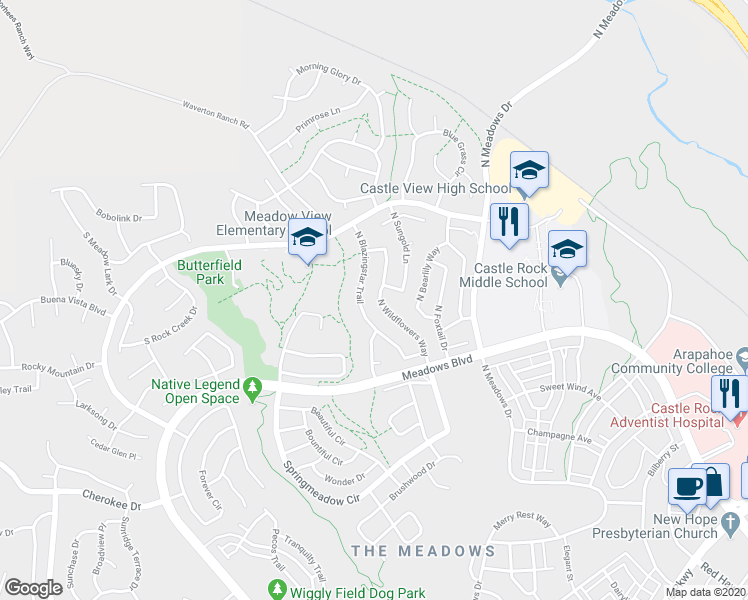 map of restaurants, bars, coffee shops, grocery stores, and more near 4783 North Wildflowers Way in Castle Rock