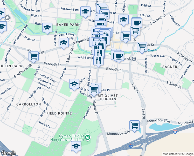 map of restaurants, bars, coffee shops, grocery stores, and more near 242 South Market Street in Frederick