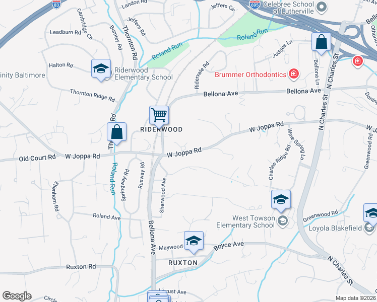map of restaurants, bars, coffee shops, grocery stores, and more near 1 Riderwood Station in Towson