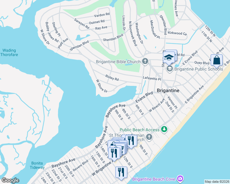 map of restaurants, bars, coffee shops, grocery stores, and more near 450 West Shore Drive in Brigantine