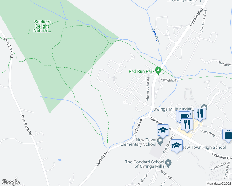 map of restaurants, bars, coffee shops, grocery stores, and more near 9739 Sherwood Farm Road in Owings Mills