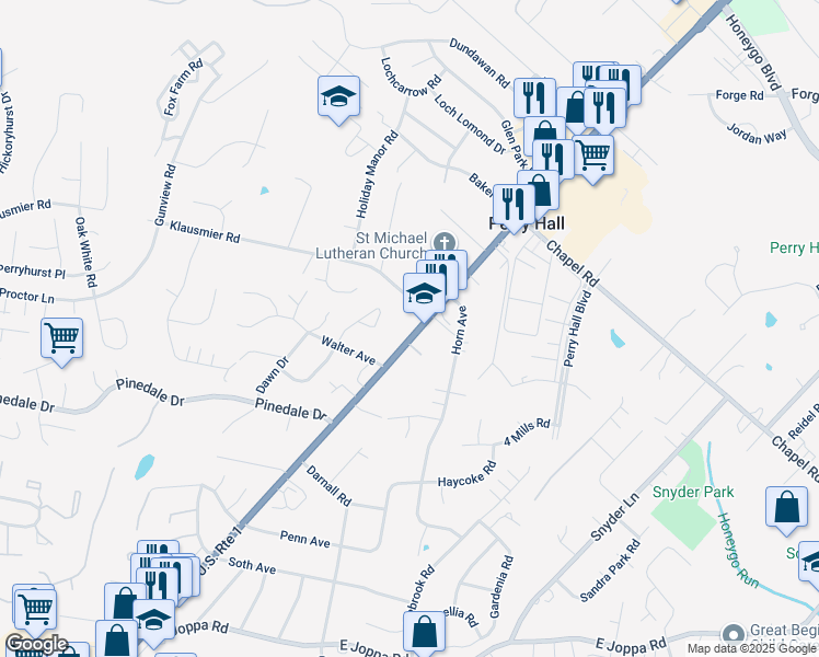 map of restaurants, bars, coffee shops, grocery stores, and more near 9512 Belair Road in Perry Hall