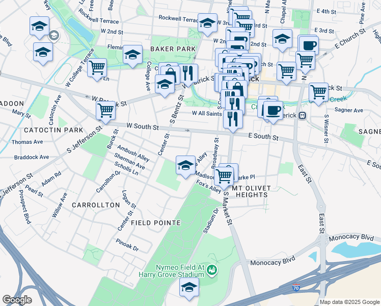 map of restaurants, bars, coffee shops, grocery stores, and more near 104 McMurray Street in Frederick