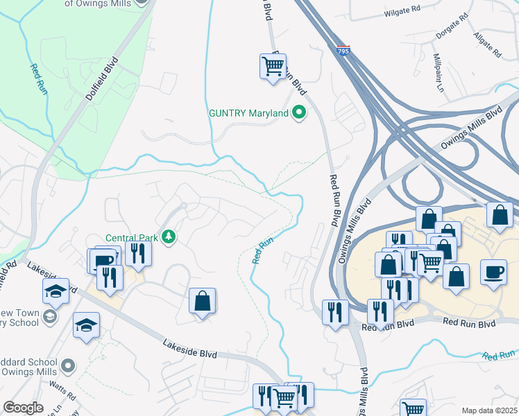 map of restaurants, bars, coffee shops, grocery stores, and more near 5050 Gold Hill Road in Owings Mills