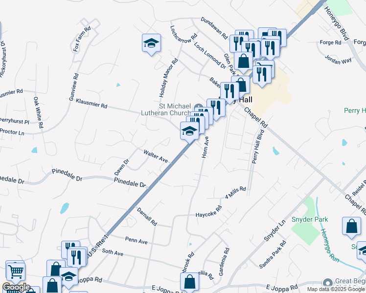map of restaurants, bars, coffee shops, grocery stores, and more near 9512 Belair Road in Perry Hall