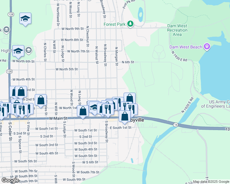 map of restaurants, bars, coffee shops, grocery stores, and more near 312 North Morgan Street in Shelbyville