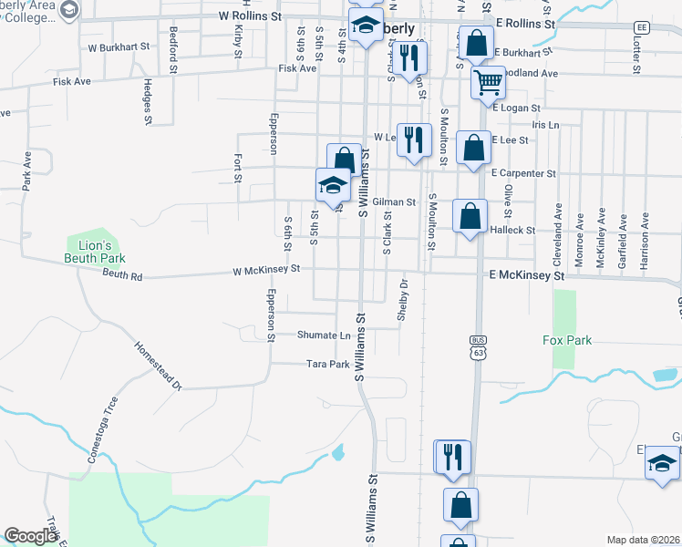 map of restaurants, bars, coffee shops, grocery stores, and more near 900 South 4th Street in Moberly